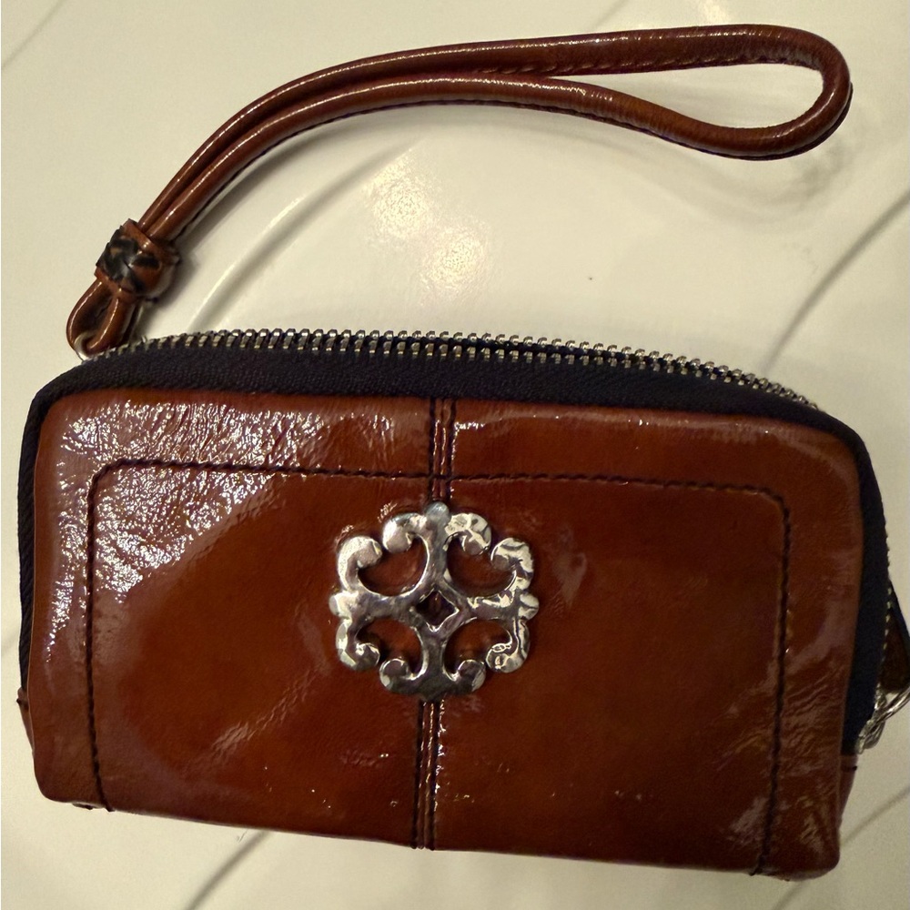 Brighton Shiny patent leather Brown Wristlet with Silver Emblem